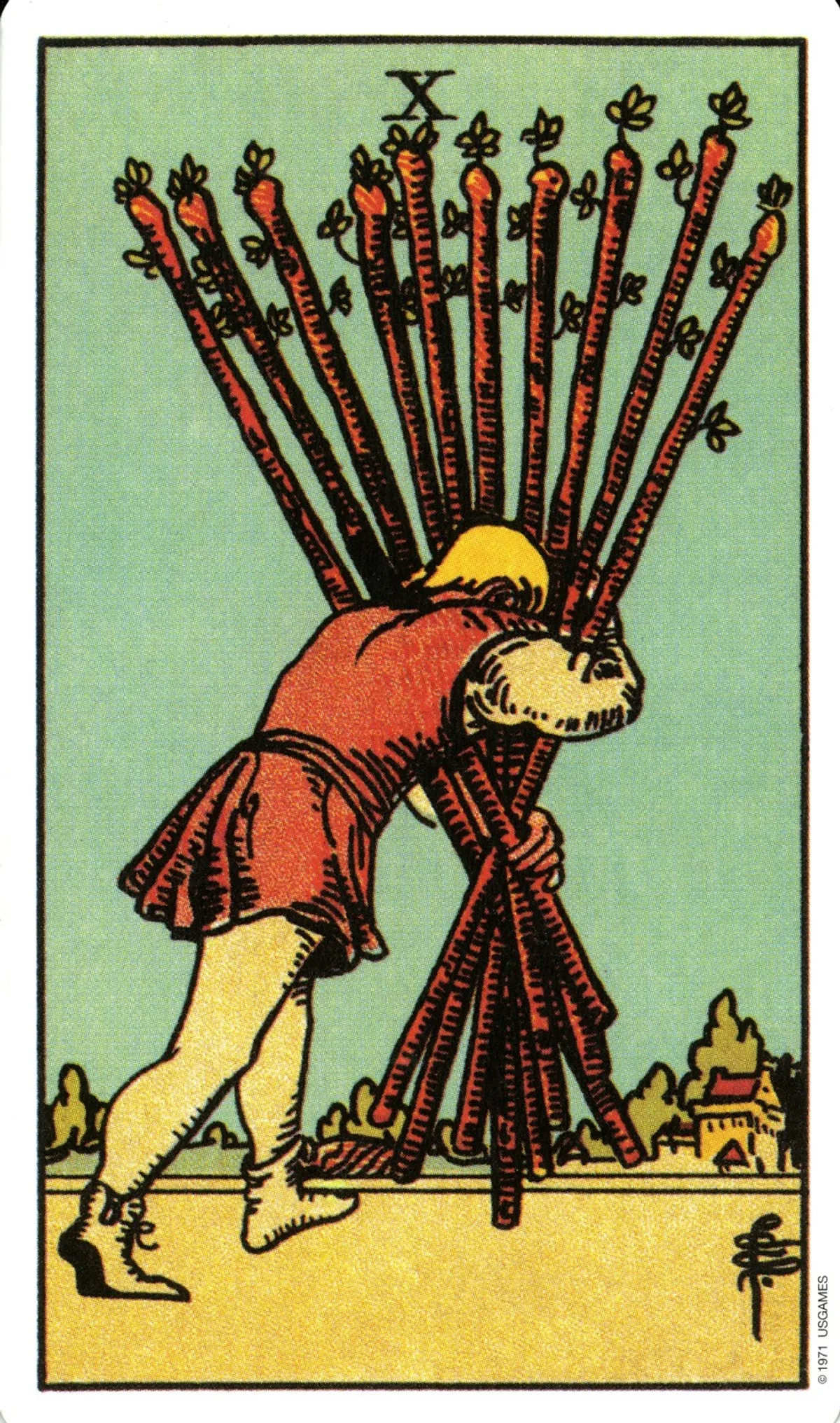 Rider-Waite-Smith Tarot card Ten of Wands: a figure bent double under a bundle of ten flowering staves, carrying them toward a distant town.